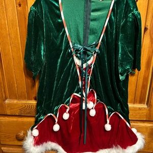 Festive Green and Red Velvet Dress with Pom Poms
